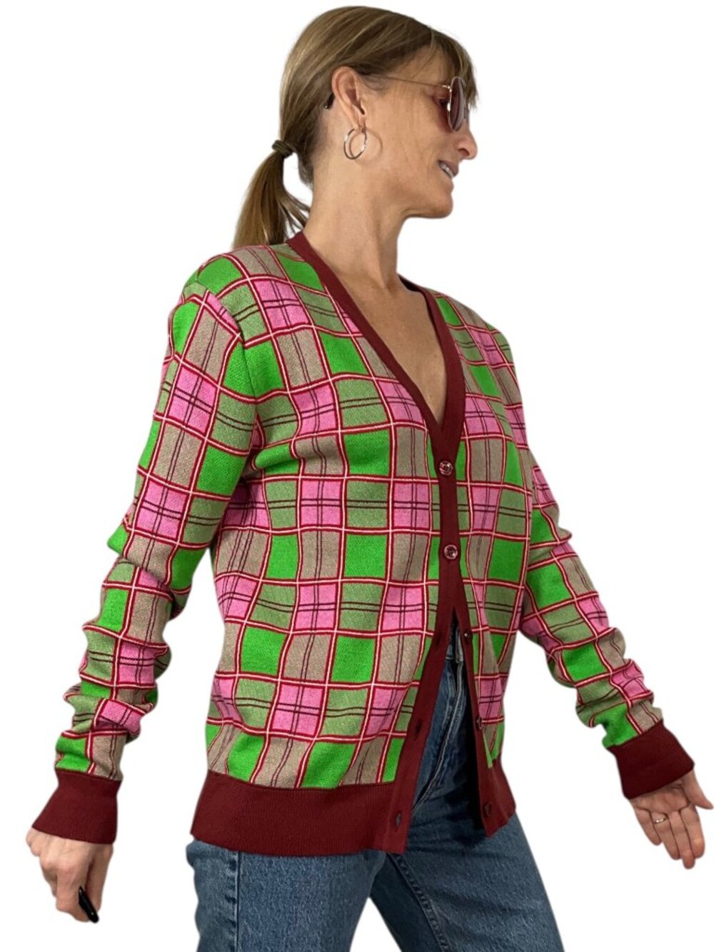 Molly Goddard Emma Cardigan Sweater M Pink Green Tartan Plaid Combed Cotton - Picture 4 of 16